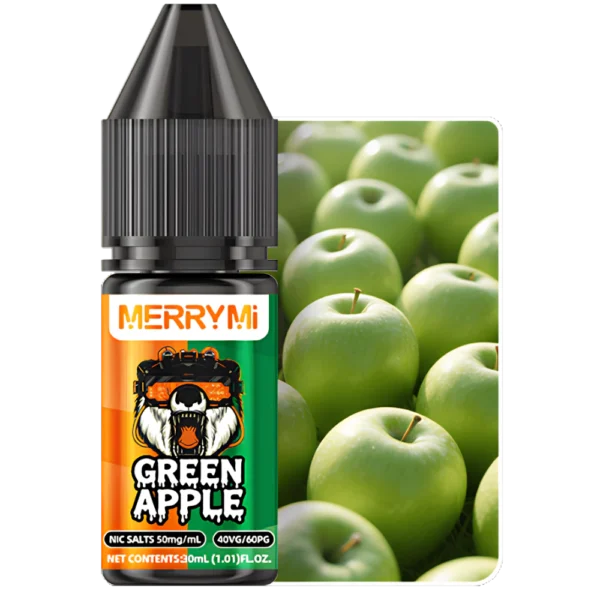 Butelka e-liquidu Green Apple 30ml 5%. Płyn do e-papierosów o smaku chrupkiego, kwaśnego zielonego jabłka.